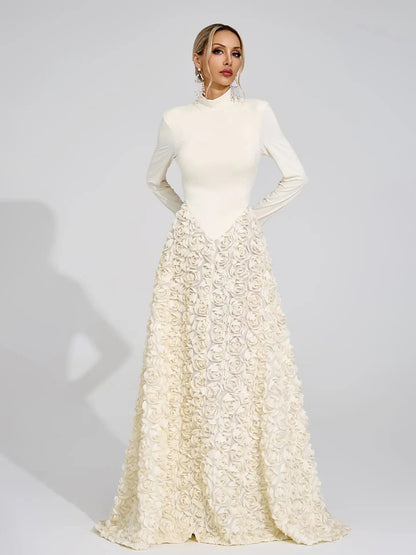 Vivienne 3D Rose High-Neck Long-Sleeve Maxi Dress