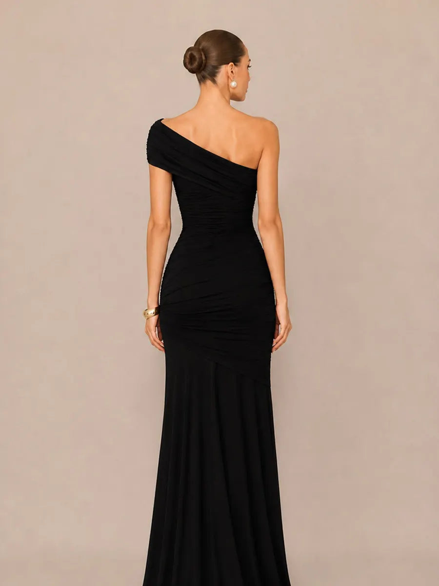 Marcella Asymmetric Neckline Strapless Back-Revealing Bodycon Maxi Dress