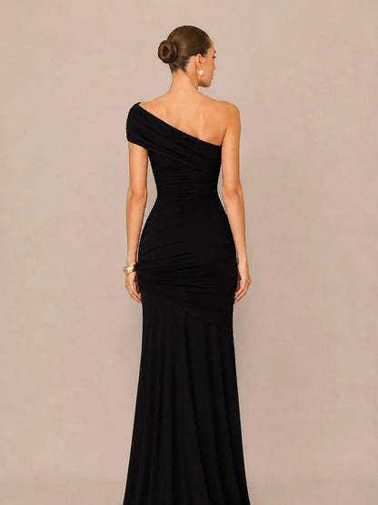 Marcella Asymmetric Neckline Strapless Back-Revealing Bodycon Maxi Dress