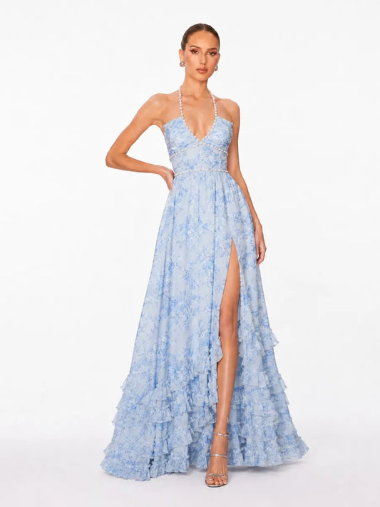 Anika Pearl-Embellished Halter-Neck Ruffled Slit Maxi Dress In Blue