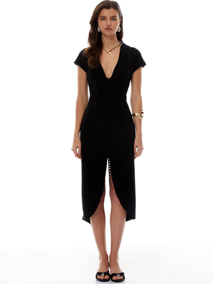 Madelyn Black Deep V-Neck Self-Tie Midi Dress