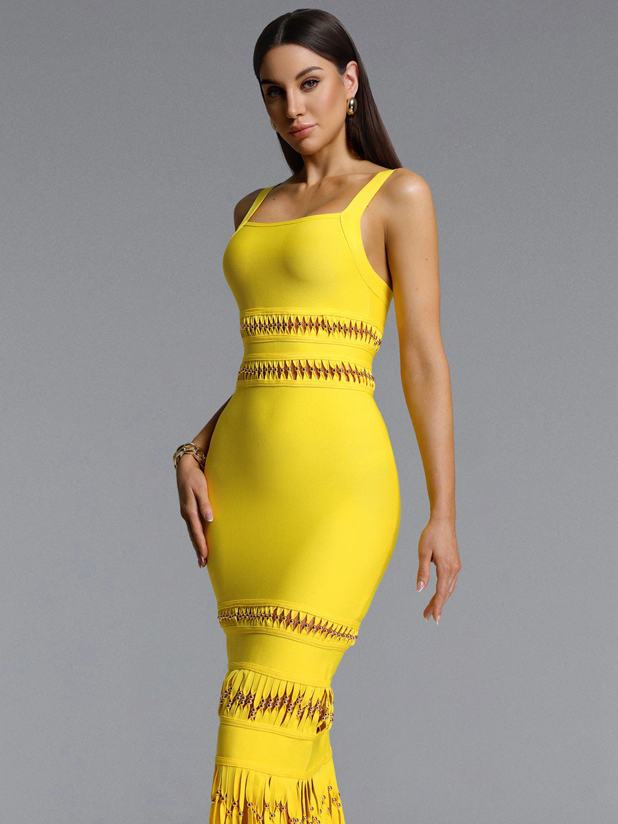 Acacia Sleeveless Beaded Fringe Bandage Maxi Dress