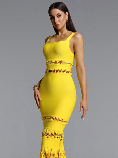 Acacia Sleeveless Beaded Fringe Bandage Maxi Dress