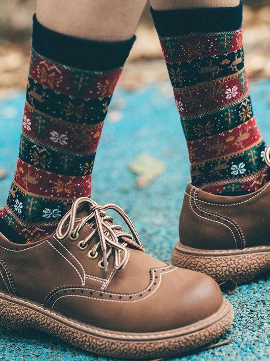 Retro Ethnic Women'S Socks And The Deer Snowflake Cotton Socks