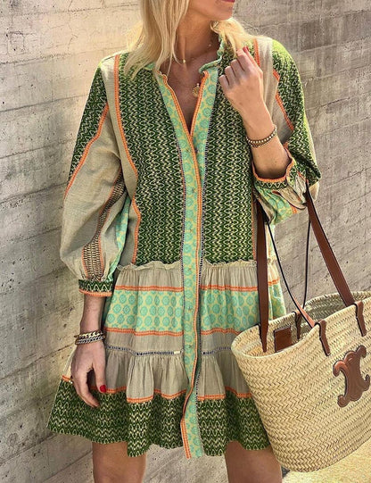 Ruffle Print Lantern Sleeves Buttons Mini Dress