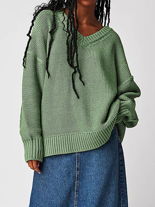 Long Sleeves Loose Solid Color Velvet V-Neck Pullovers Sweater Tops