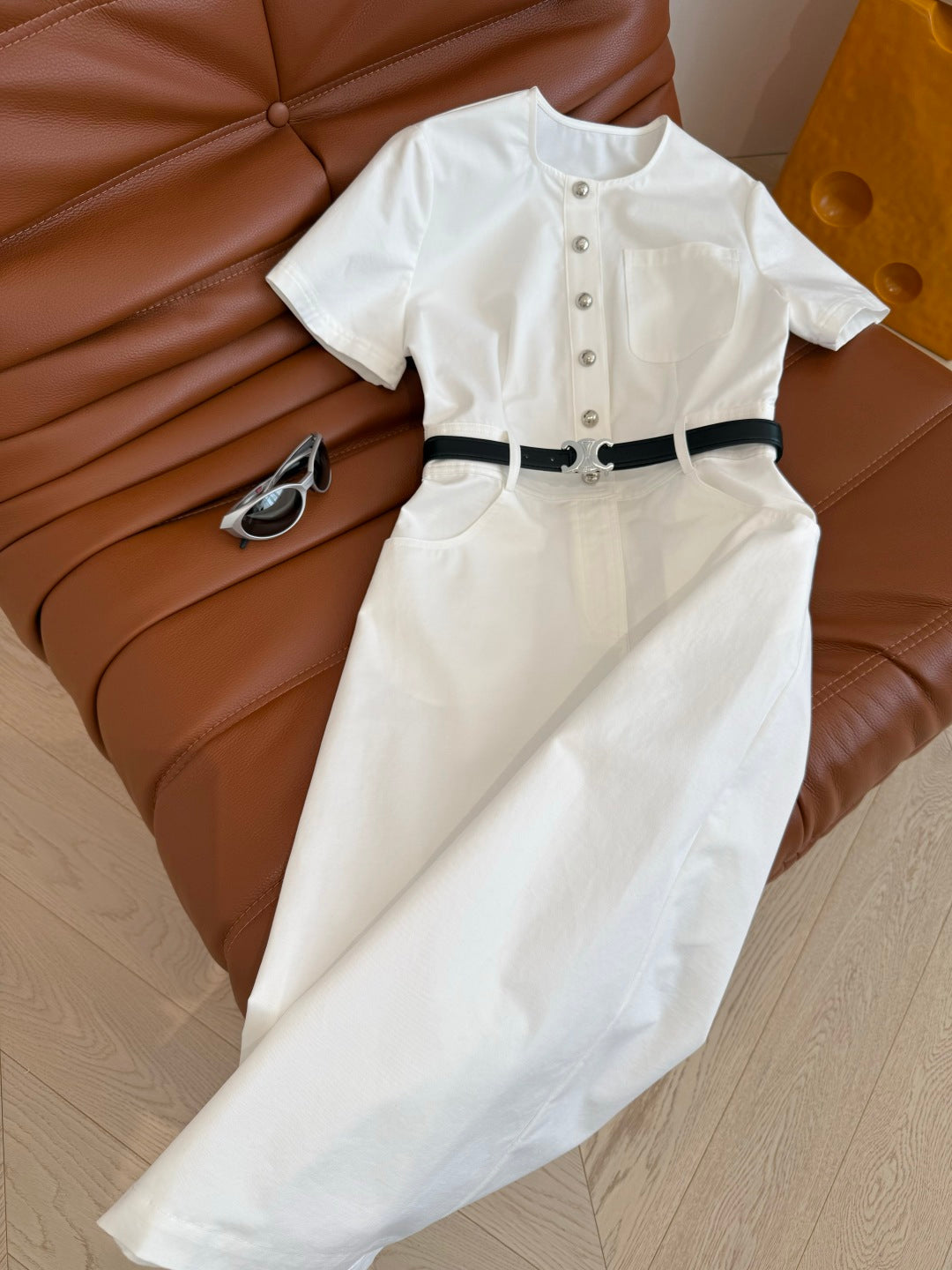 Celine 25 Denim Dress With Silver Buckle Belt White Cotton