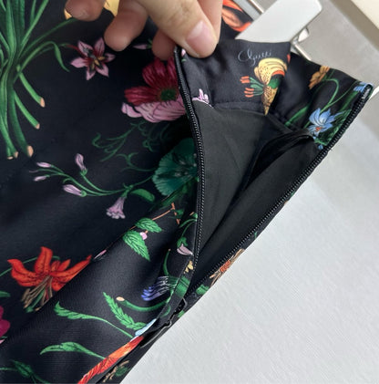 GG SS26 Flora Printed Pleated Midi Skirt Black Multicolor Silk 351778