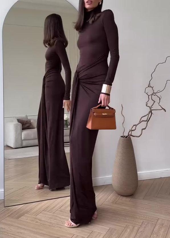 Maxi Dress Brown Stretchy Fabric Slit Design
