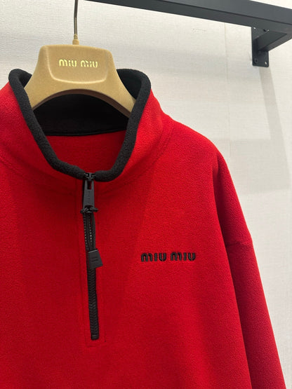 Miu Embroidered Fleece Hooded Zip-Up Jacket Red Cashmere 346102