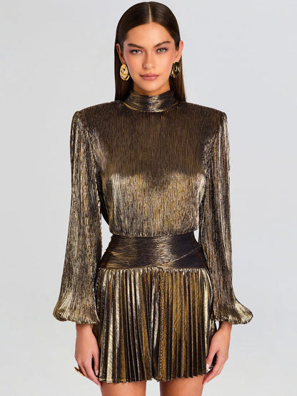 Hazel Pleated Mini Dress In Gold