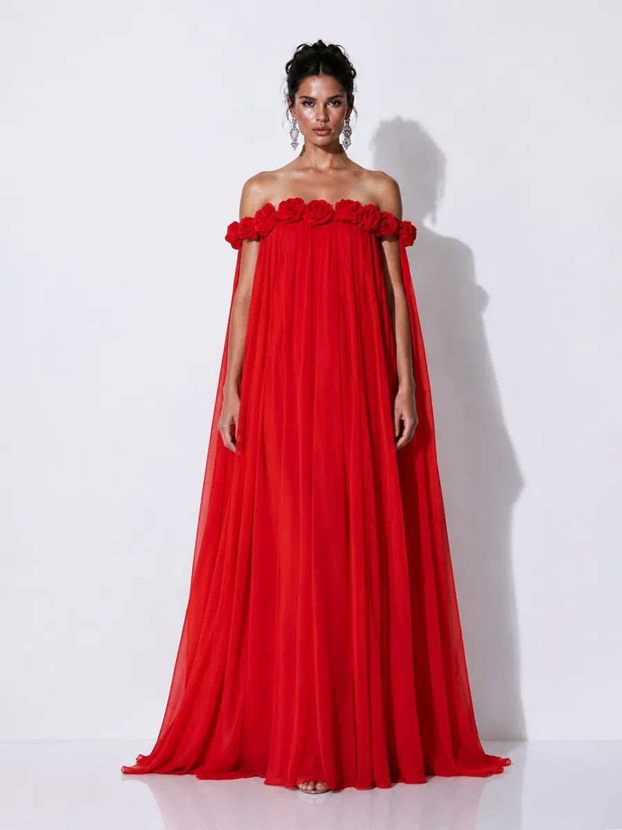 Grace 3D Floral Pleated Off-Shoulder Maxi Dress