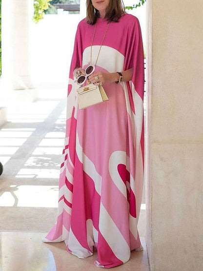 Batwing Sleeves Loose Contrast Color Printed Split-Joint Round-Neck Evening Dresses Maxi Dresses