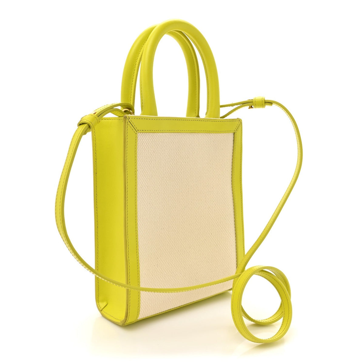 Canvas Calfskin Mini Vertical Cabas Neon Yellow