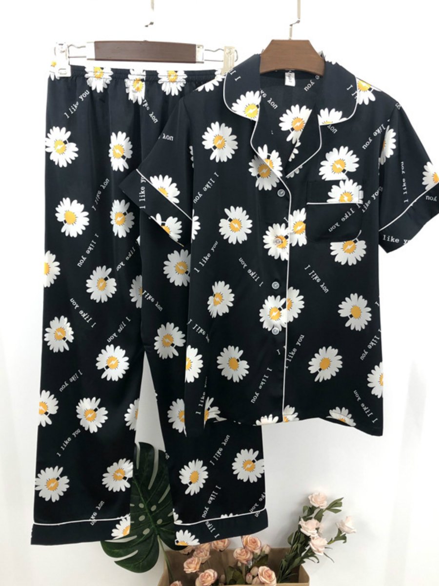 Summer New Daisy Pajamas Women'S Fashion Short-Sleeved Ice Silk Home Suit.