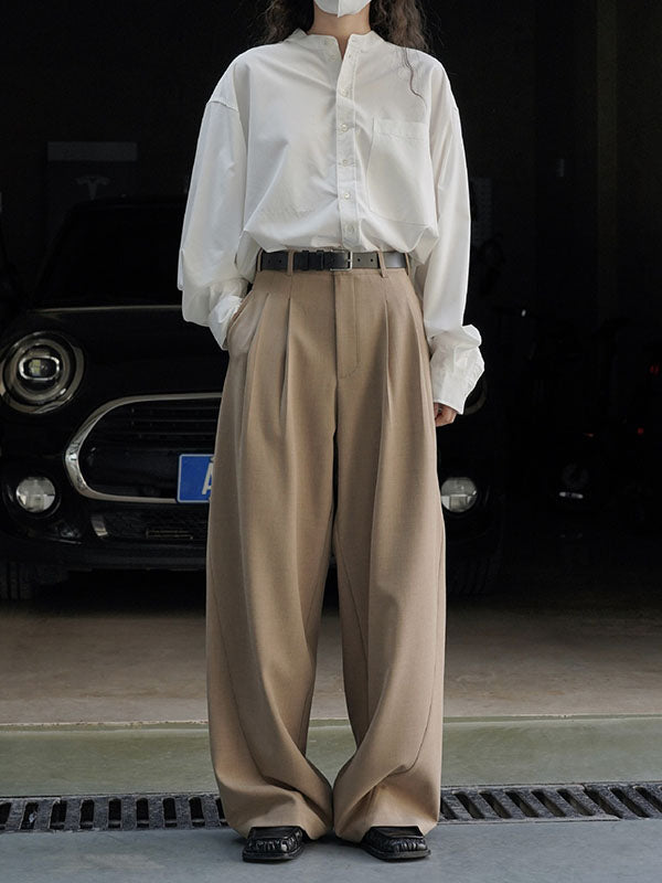 High Waisted Loose Pleated Solid Color Split-Joint Casual Pants Bottoms Trousers