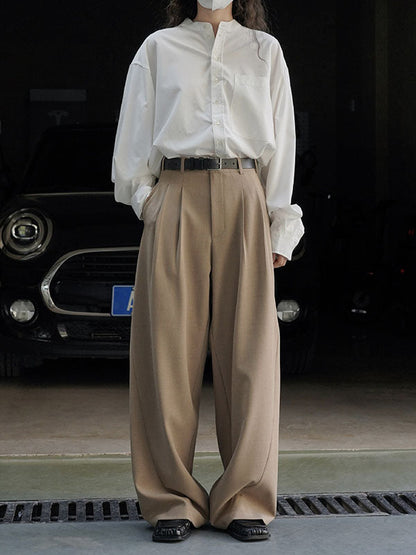 High Waisted Loose Pleated Solid Color Split-Joint Casual Pants Bottoms Trousers