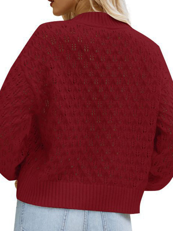Long Sleeves Loose Hollow Solid Color Round-Neck Knitwear Pullovers Sweater Tops