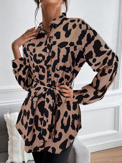 Long Sleeves Loose Buttoned Leopard Pockets Tied Waist Lapel Blouses&Shirts Tops