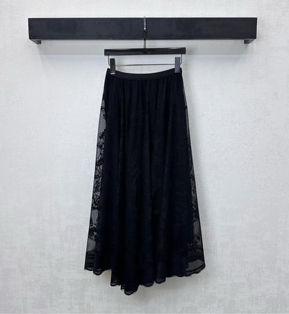 CD Lace Mesh Midi Skirt Black Polyester 350179