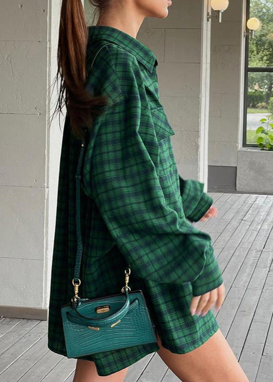 Oversized Plaid Shirt Cotton Retro Green Style