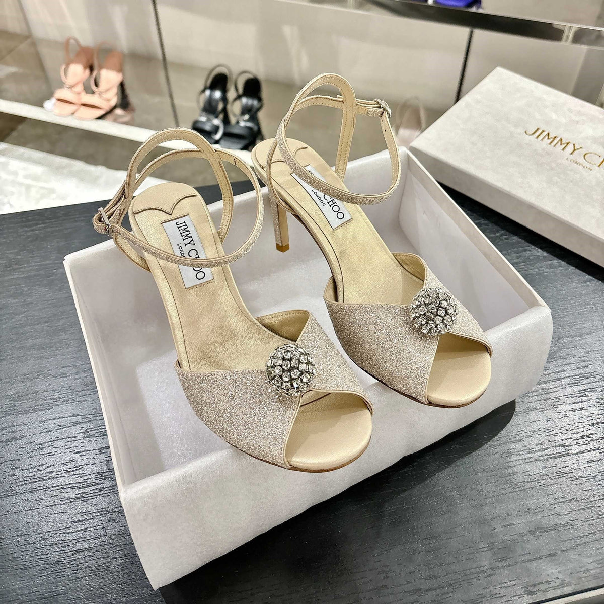 Jimmy Choo Sacora Crystal Sandal 65 Light Soft Gold Cowhide 597666