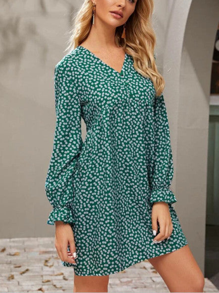 Sexy V-Neck Women'S Long Sleeve Floral Skirt Dress