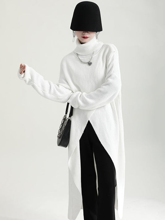 Original High-Low Asymmetric Knitting Dress High-Neck Sweater Dress