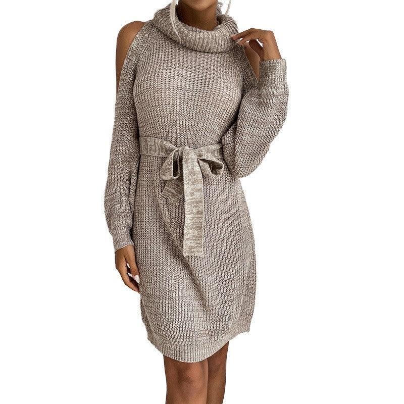 Solid Color Lace-Up Cutout Off-Shoulder Turtleneck Sweater Dress