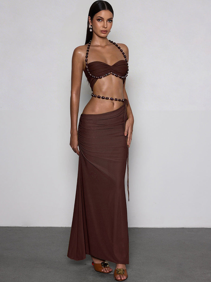 Zuri Halterneck Ruched Skirt Set In Coffee