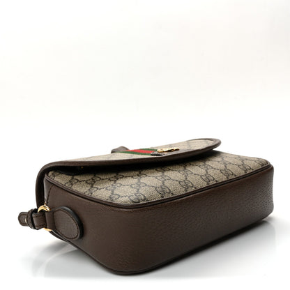 GG Supreme Monogram Textured Dollar Calfskin Web Studded Mini Ophidia Flap Shoulder Bag Beige Ebony New Acero