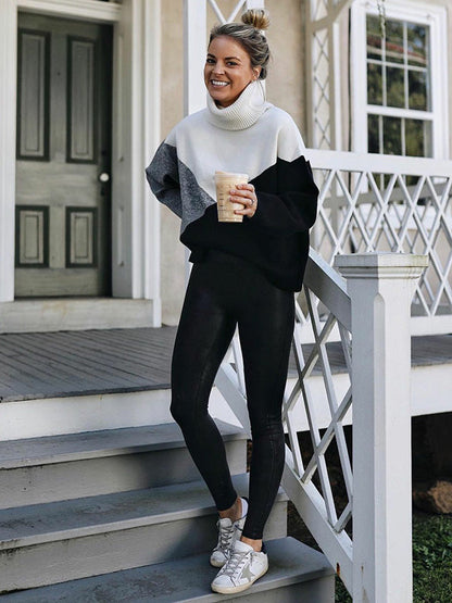 Original Loose Split-Joint Contrast Color High-Neck Long Sleeves Sweater Top