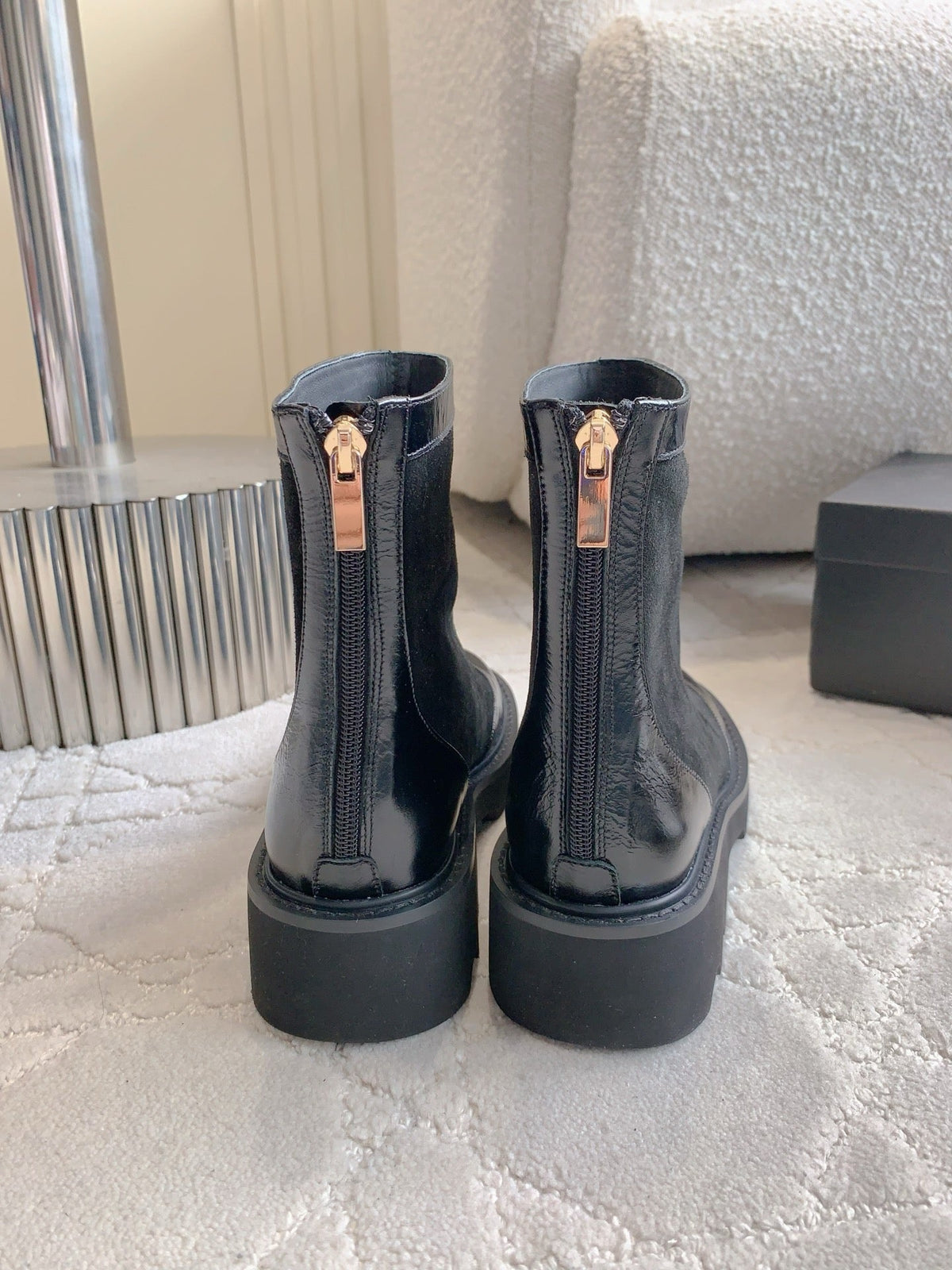CC New Platform Ankle Boots Black Suede Glossy Sheepskin