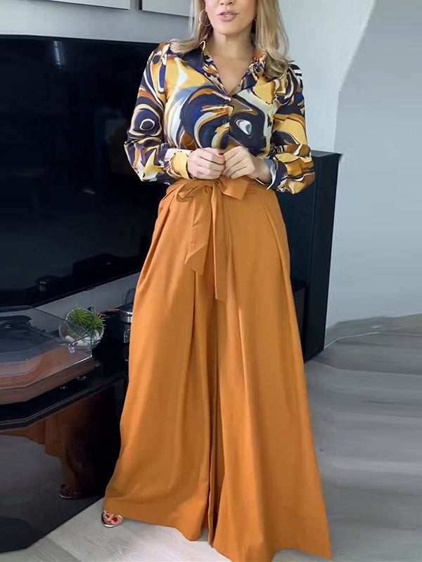 City Printed Shirt & Tied Waist Wide Side Pants Suit