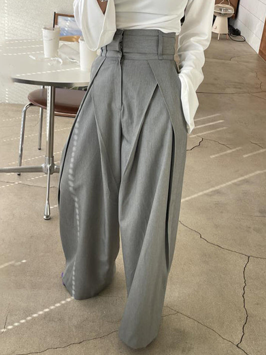 Wide Leg Pockets Solid Color Zipper Casual Pants Bottoms
