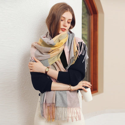 Color Block Plaid Fringe Scarf