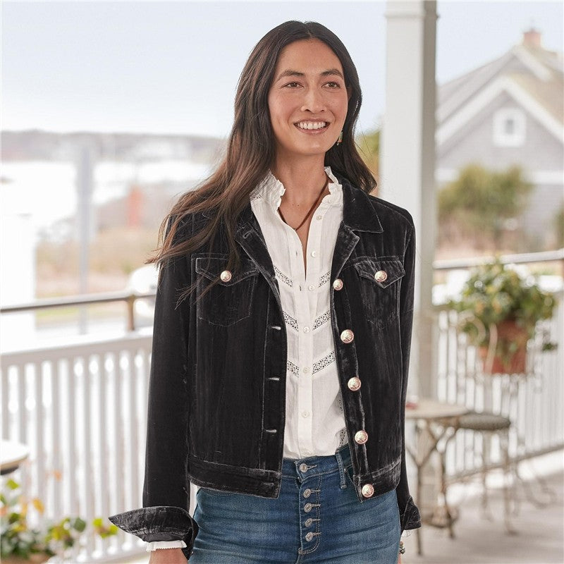 Versatile Short Velvet Jacket With Lapel