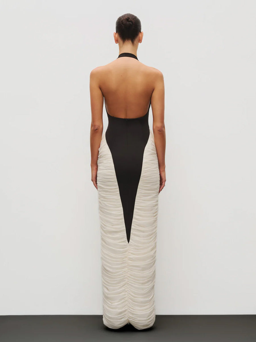 Mia Deep V-Neck Contrast Panel Evening Dress