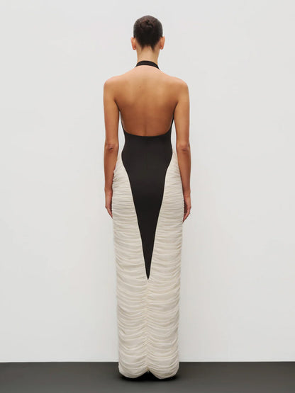 Mia Deep V-Neck Contrast Panel Evening Dress