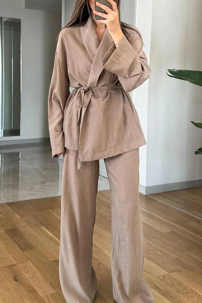 Casual Solid Color Lappel Top \u0026 Pants Two-Piece Set
