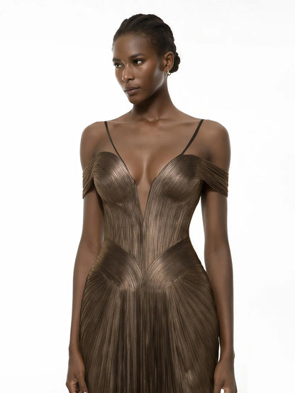 Savannah Brown Draped Satin Maxi Dress