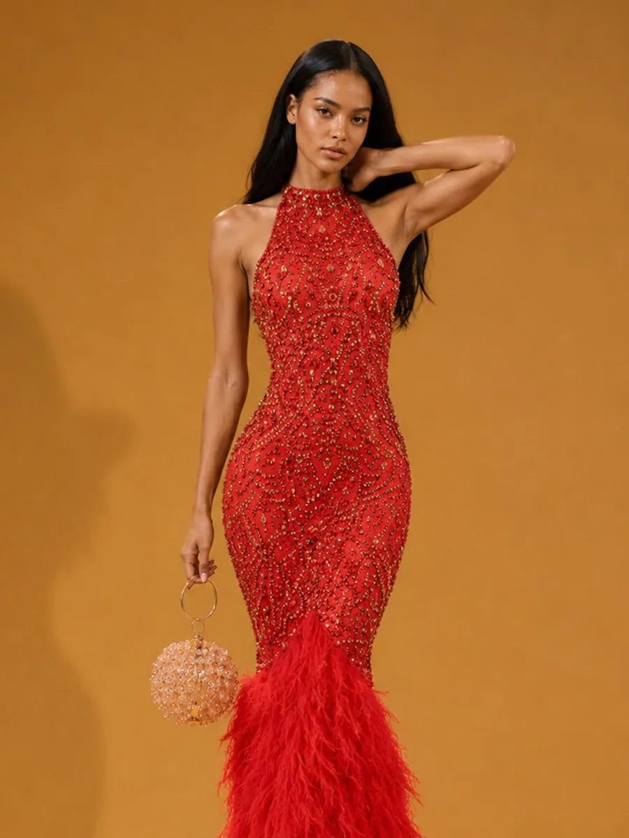 Isolde Elegant Rhinestone & Feather-Hem Maxi Dress In Red
