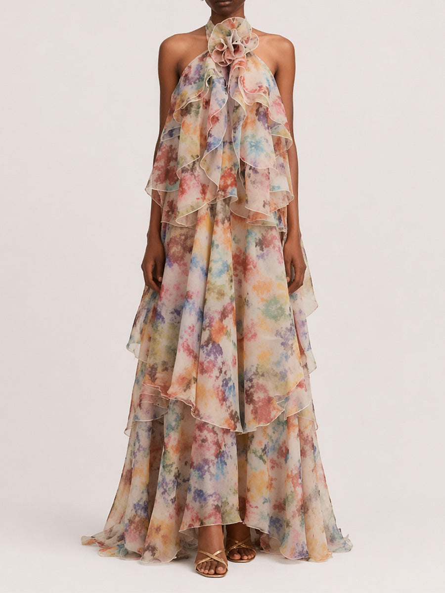 Ada Tiered Printed Mesh Maxi Dress