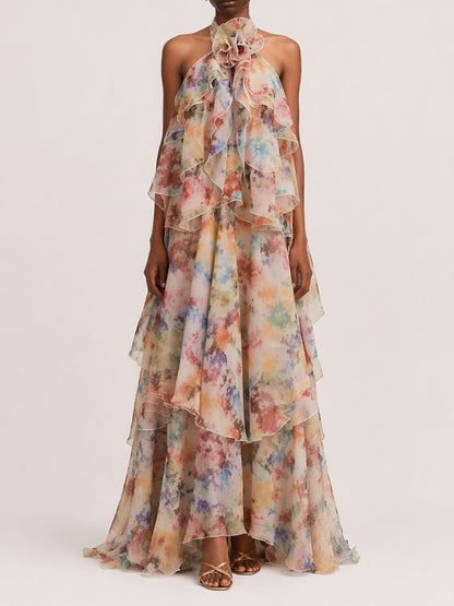 Ada Tiered Printed Mesh Maxi Dress