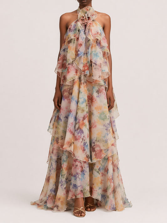 Ada Tiered Printed Mesh Maxi Dress