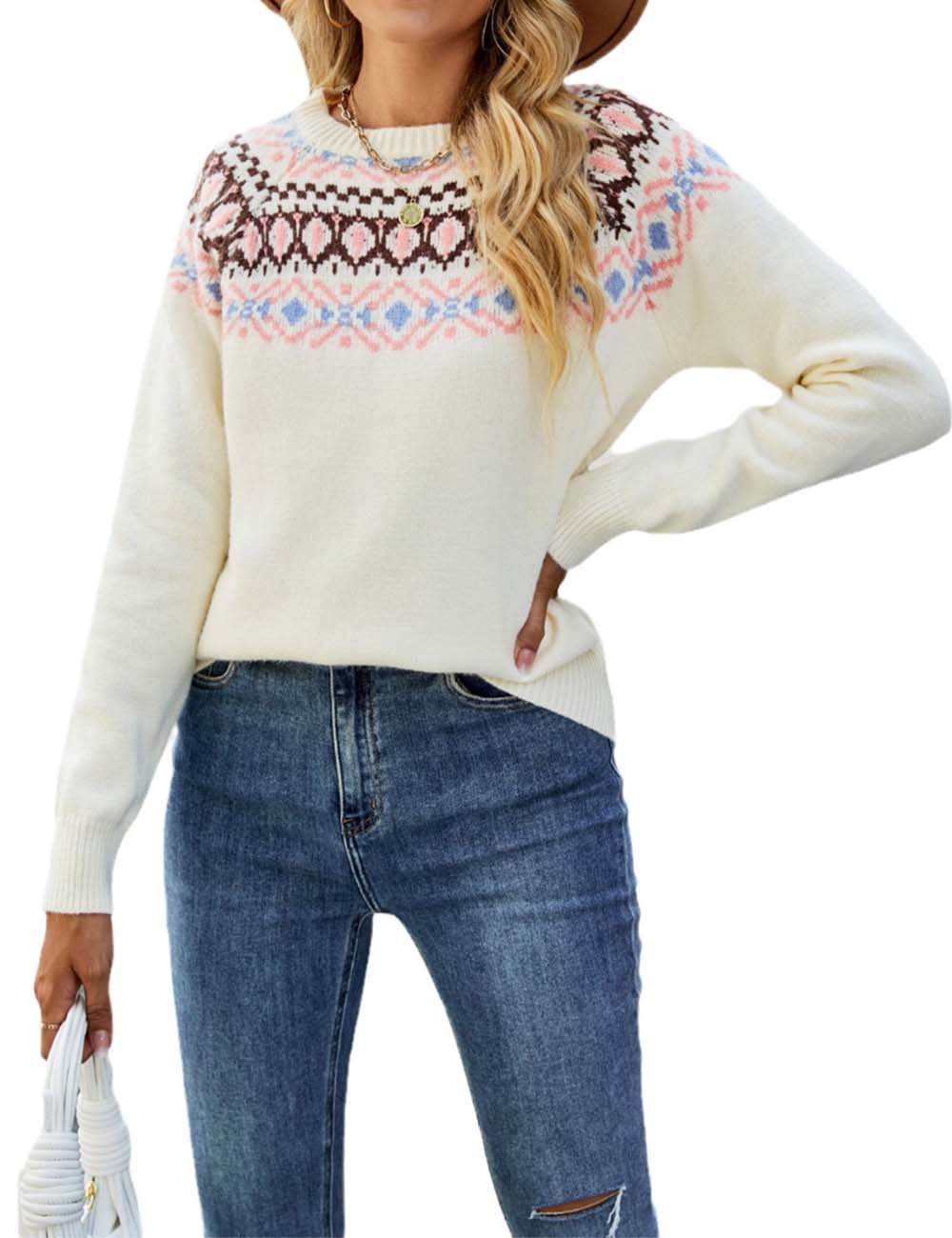 Vintage Jacquard Round Neck Pullover Knit Sweater
