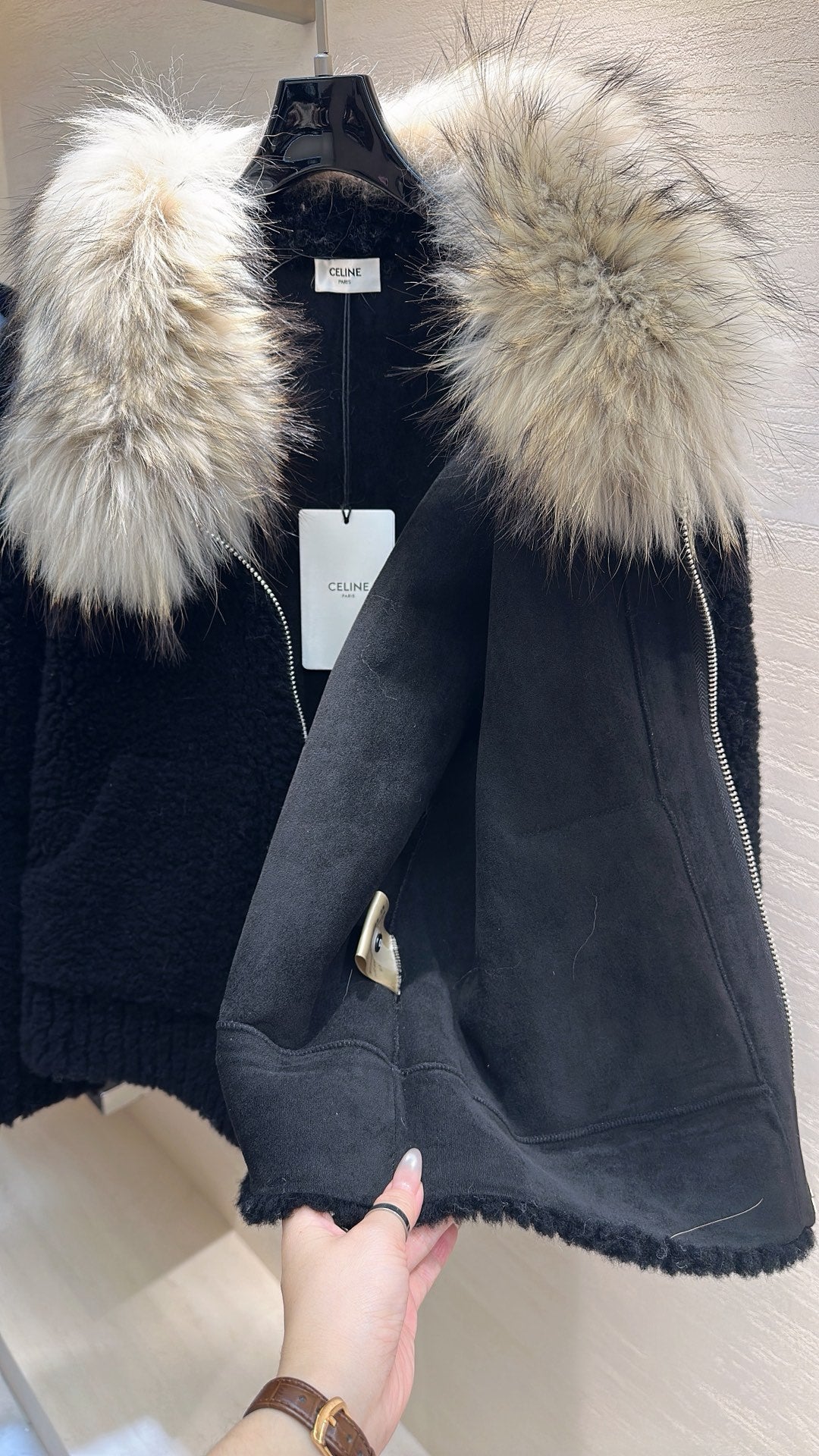 CELINE Shearling Black Coat 333249