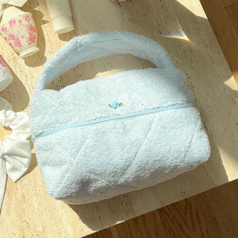 Soft Plush Cute Bow Print Cosmetic Bag