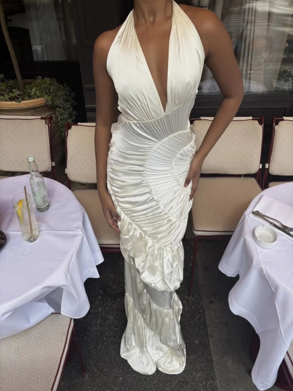 Selene Ruched Halter Satin Maxi Dress in Champagne