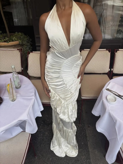Selene Ruched Halter Satin Maxi Dress in Champagne